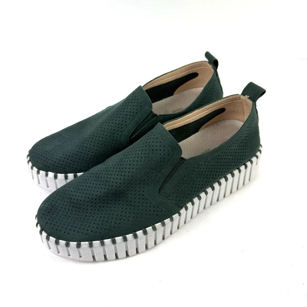 Ilse Jacobsen Tulip Platform Shoes 40 Green Leather Slip On Perforated Comfort